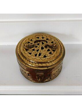 Vintage Brass Cricket Box with Handle, Pierced Potpourri Trinket Box, 1970s Boho